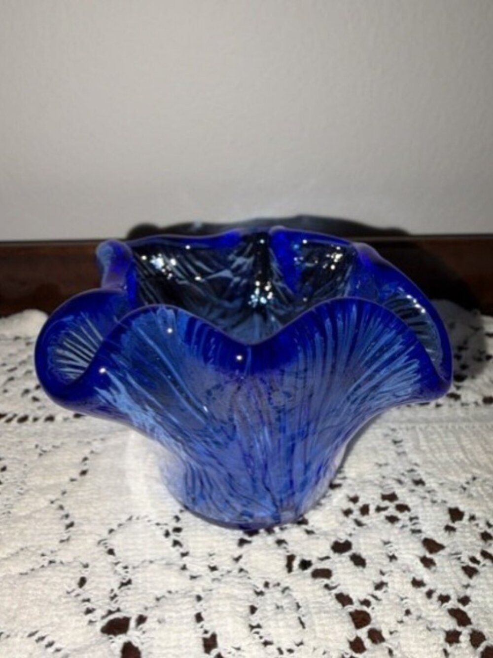 Hadeland Glassverk Norway Cobalt Blue Furu Art Glass Icy Votive Candle Holder